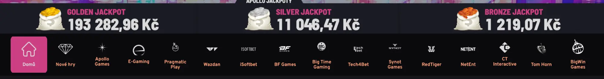 Jackpoty v Apollo Games – Golden, Silver a Bronze v reálném čase. Apollo Games casino jackpoty – Golden 193 282,96 Kč, Silver 11 046,47 Kč, Bronze 1 219,07 Kč.